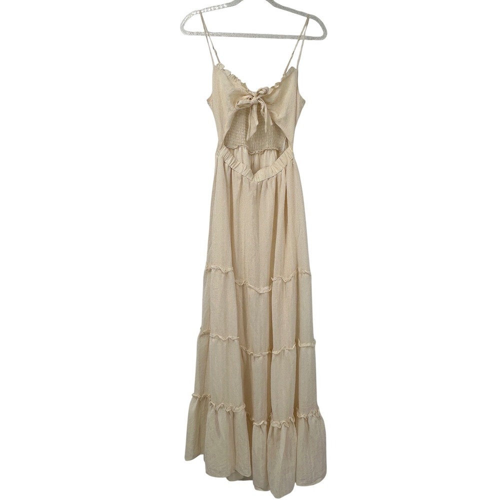 Lulus Cream Tiered Cutout Maxi Dress Smocked Back Tie Front Sleeveless Medium - Picture 2 of 7